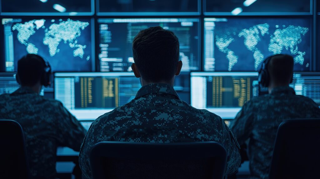 Three people in military uniforms sit at computer desks, facing large screens displaying world maps and data, in a high-tech operations or command center.