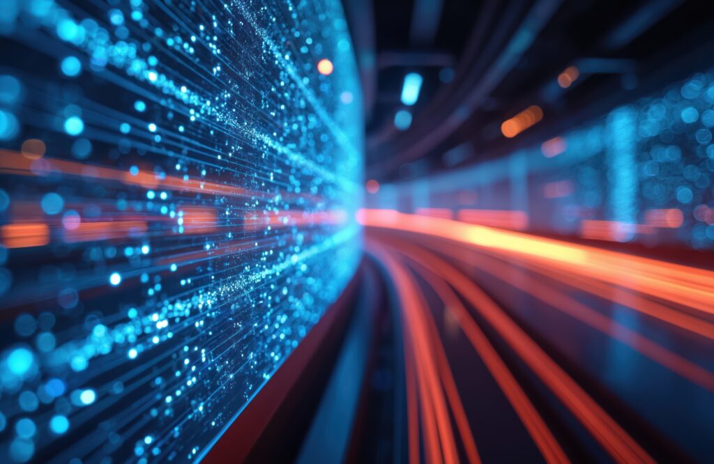 Blue and orange light trails create a dynamic, abstract scene, suggesting high-speed data transfer or digital communication in a futuristic setting.