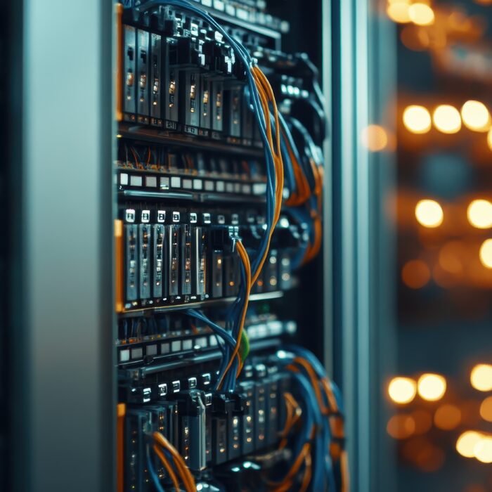 Close-up view of server racks with network cables and hard drives in a data center, with blurred orange indicator lights in the background.