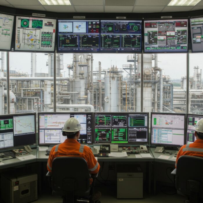 Two workers in orange uniforms and hard hats monitor multiple screens in a control room overlooking an industrial refinery with complex equipment and piping.