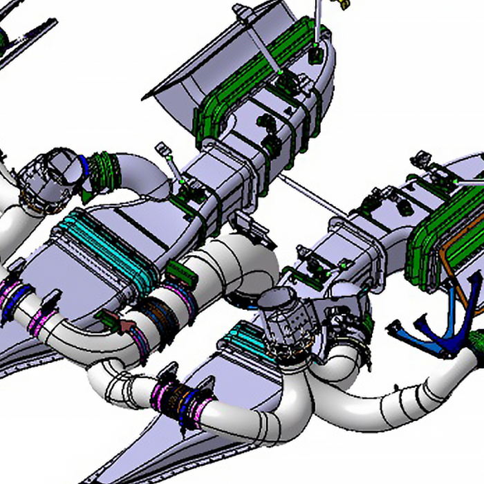 3D CAD model of a complex mechanical assembly featuring interconnected pipes, valves, and rectangular components, likely part of an industrial or automotive system.