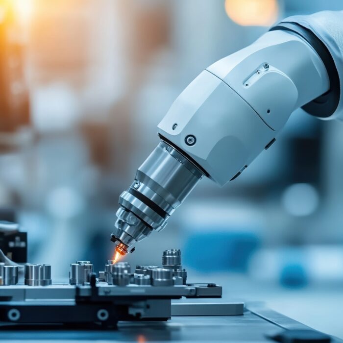 A robotic arm with a precision tool works on assembling electronic components in a laboratory or industrial setting.