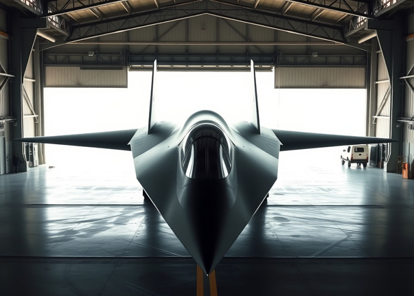 A stealth fighter jet is parked inside a hangar, viewed from the front, with open hangar doors and light streaming in from behind.
