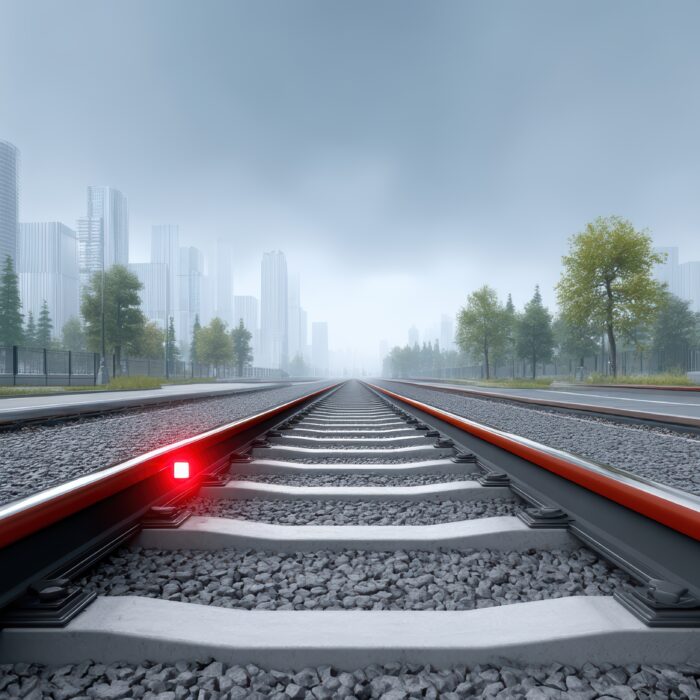 Low-angle view of empty railroad tracks with a red signal light, leading toward a city skyline on a cloudy day, surrounded by trees and fences.