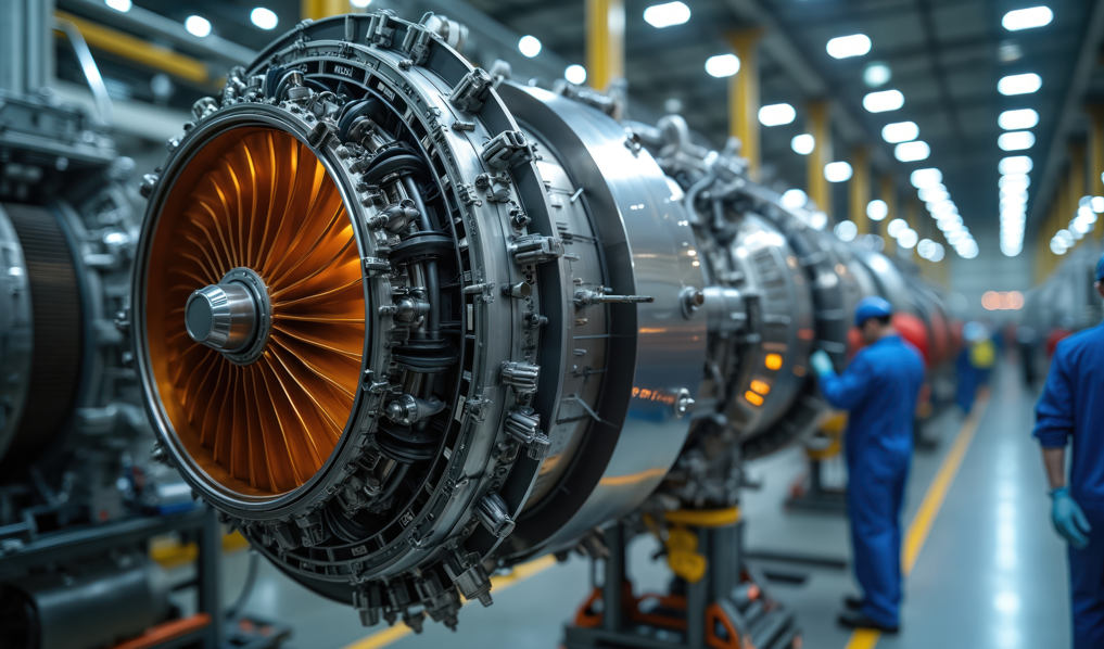 Aerospace engineers in blue coveralls inspect a large jet engine assembly on a factory floor, surrounded by machinery and industrial lighting.