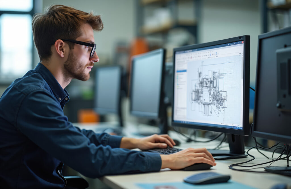 A man works at a computer in an office, viewing plant layout and technical engineering drawings on his monitor.