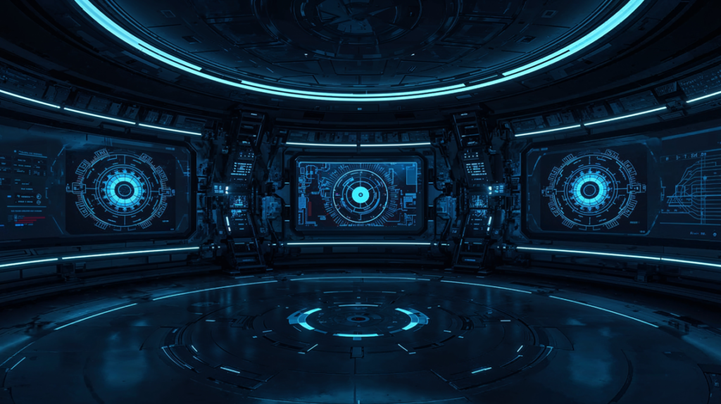 Futuristic control room with circular layout, illuminated blue screens displaying digital interfaces and data, and metallic walls and floor.