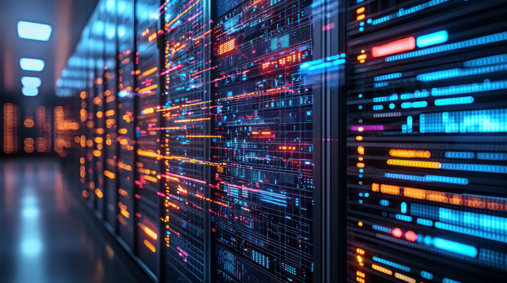 A row of illuminated computer servers in a data center, displaying colorful digital data streams and lights on their panels.