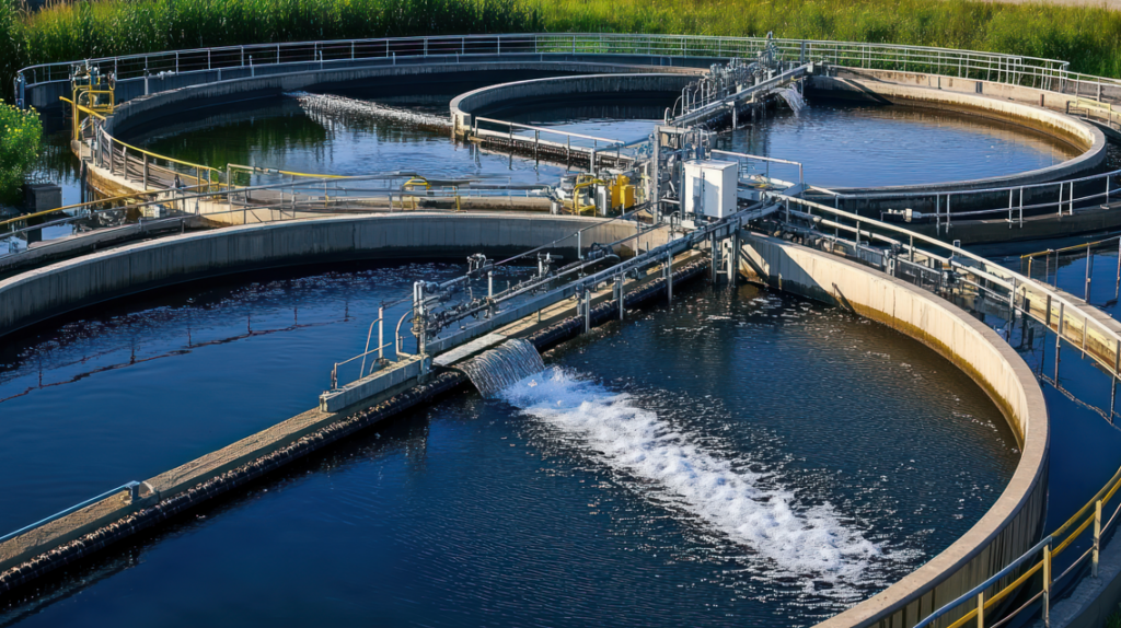 Large circular water treatment tanks with mechanical arms process and clarify water at a wastewater treatment facility, surrounded by greenery.