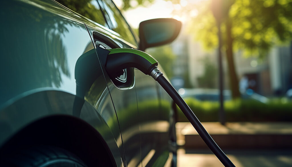 A close-up of an electric car being charged at a charging station outdoors, with sunlight and greenery in the background.