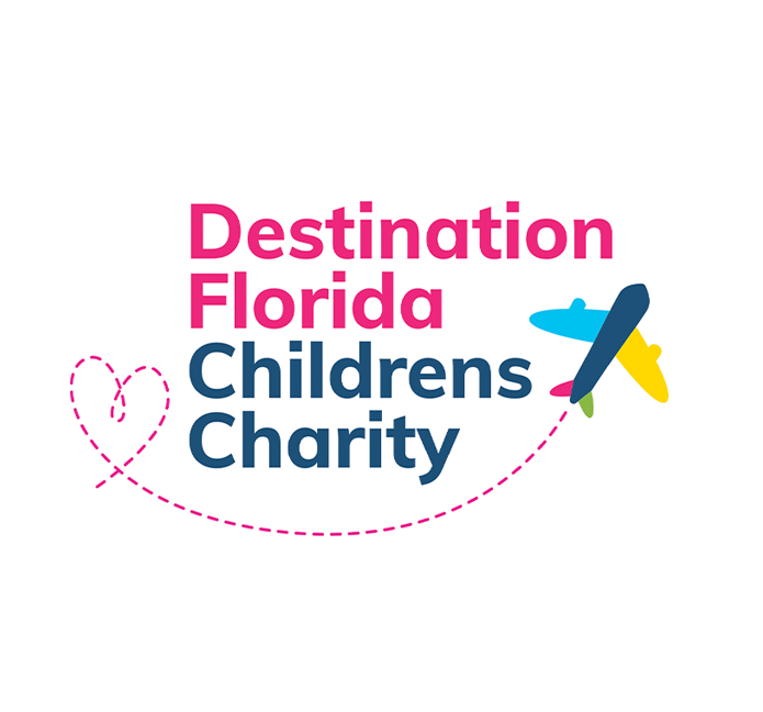 Logo for Destination Florida Children’s Charity, featuring pink and blue text with a colorful airplane and a dashed line forming a heart shape.