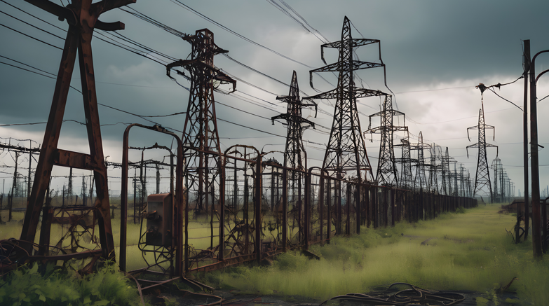 Rows of rusted electrical transmission towers and wires stand overgrown with grass under a cloudy sky in an abandoned industrial area.