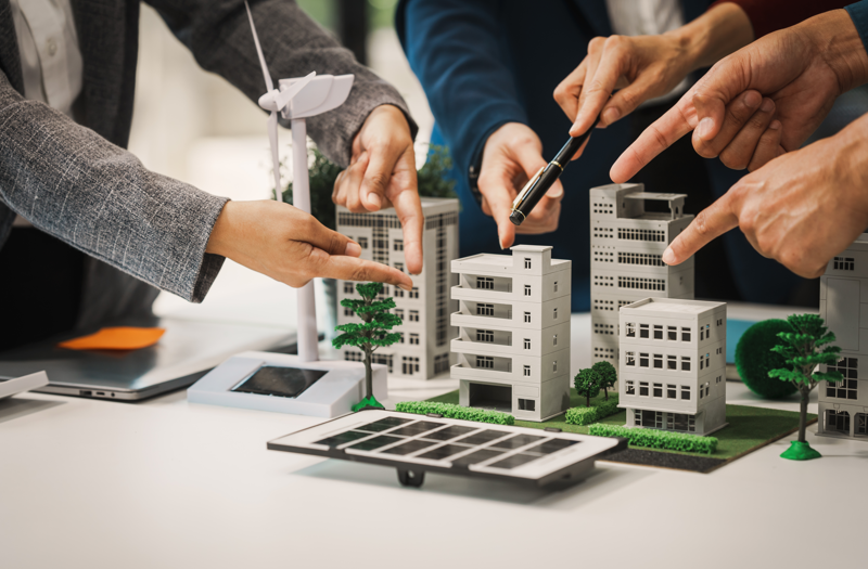 Several people point at a miniature model of modern buildings and wind turbine on a table, suggesting a discussion or planning session for urban or architectural development.