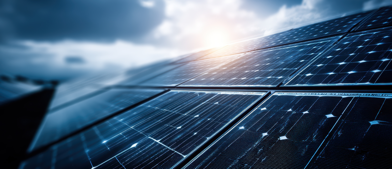 Close-up view of solar panels angled towards the sun, with a bright sky and clouds in the background.