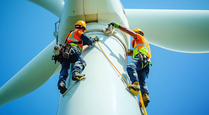 Two workers in safety gear perform maintenance on a wind turbine, secured by harnesses, with turbine blades visible against a clear blue sky.