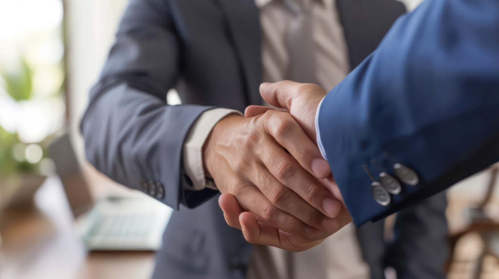 Two people in business suits are shaking hands, suggesting a professional agreement or partnership in an office setting.