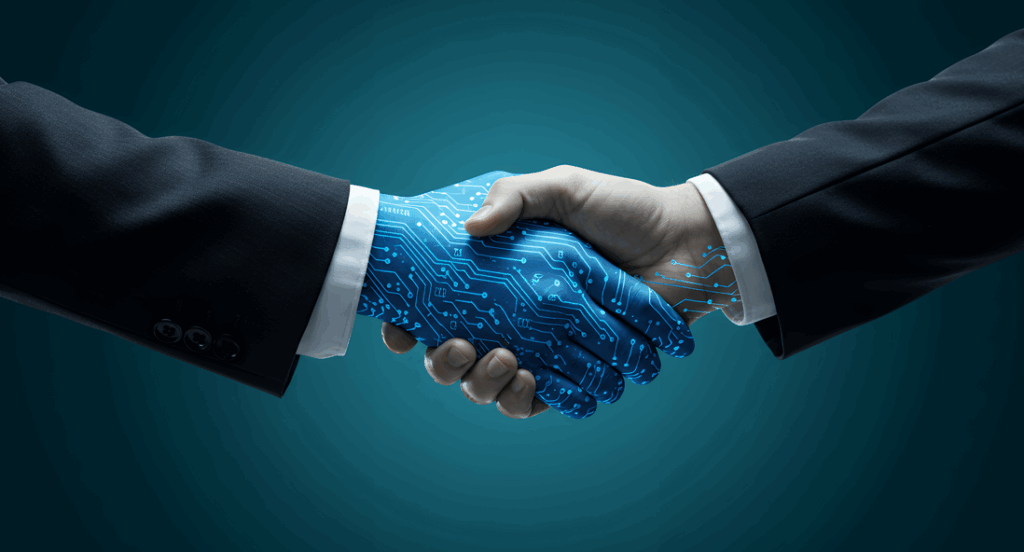 A human hand and a digital hand, represented with circuit patterns, shake hands against a dark blue background, symbolizing human-technology collaboration.
