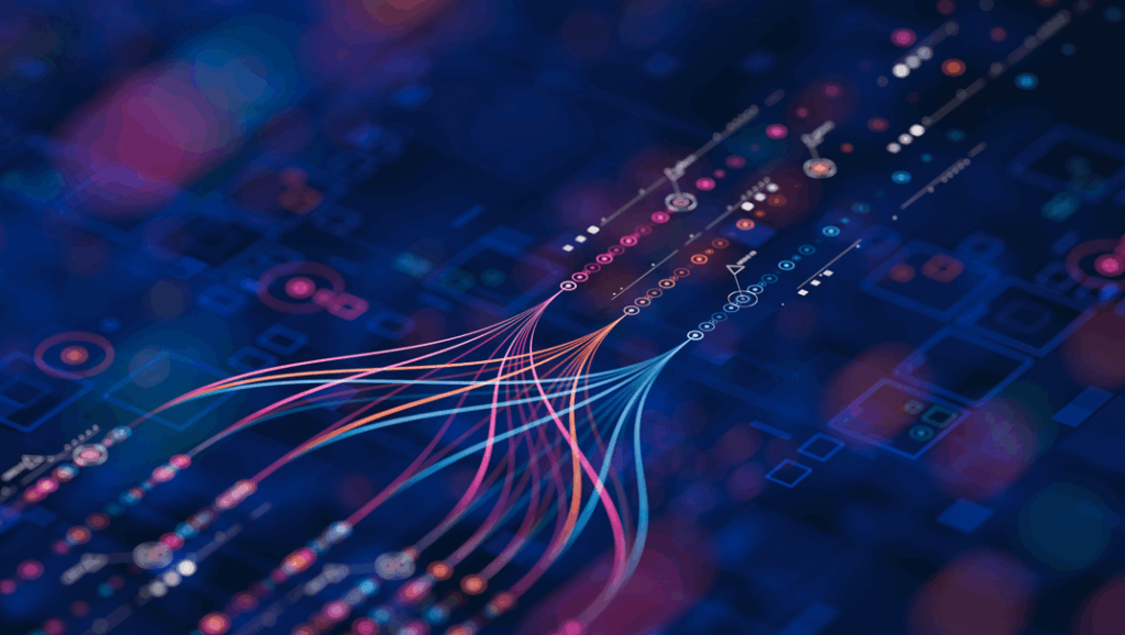 Abstract digital data visualization with multicolored lines converging then splitting over a dark background covered in geometric shapes and data points.