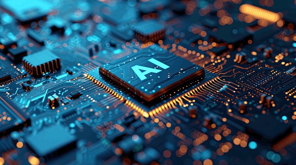 Close-up of a computer motherboard featuring a central chip labeled "AI," surrounded by circuits and illuminated lights.