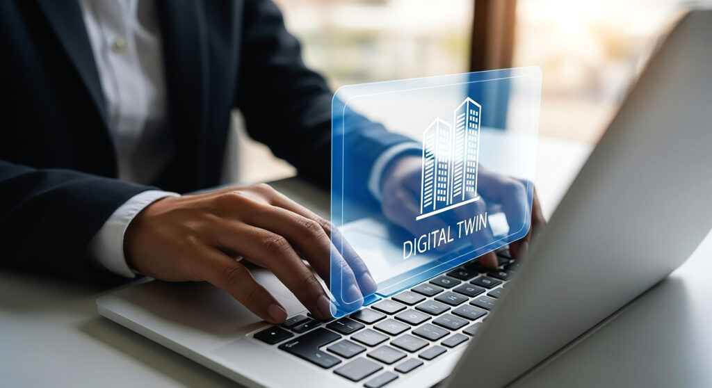 Person typing on a laptop with a digital overlay showing two buildings and the text "DIGITAL TWIN.